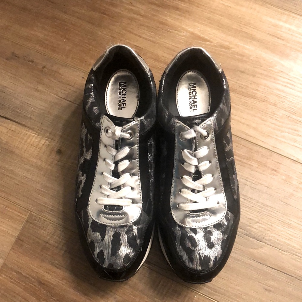 Michael Kors Leopard Print Rare Silver Metallic Allie Trainer Sneakers Sz 6.5